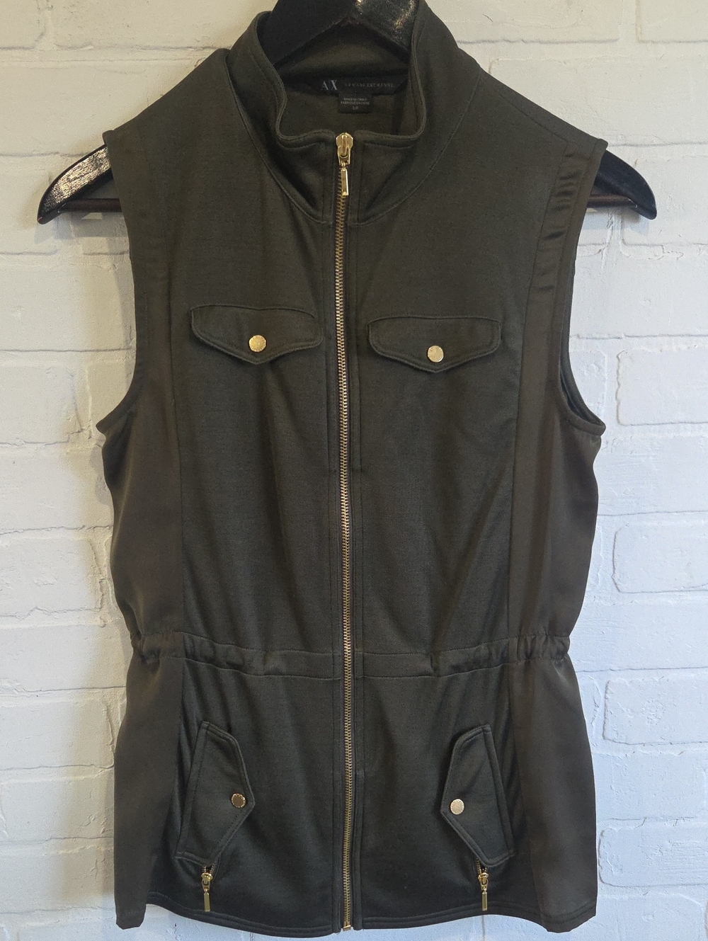 A/X Armani Exchange Olive Utility Zip-Front Vest with Gold Hardware